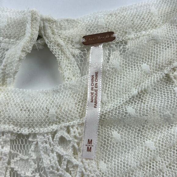 Free People Lace Top Women Sze Medium Ivory White Boho Romantic Sheer Dot Blouse - Picture 10 of 14